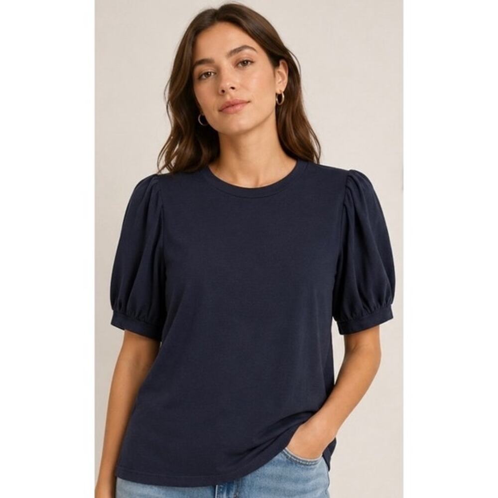 Summersalt | Navy Blue Pima Cotton Puff Sleeve Summer Top Preppy Casual Sz M
